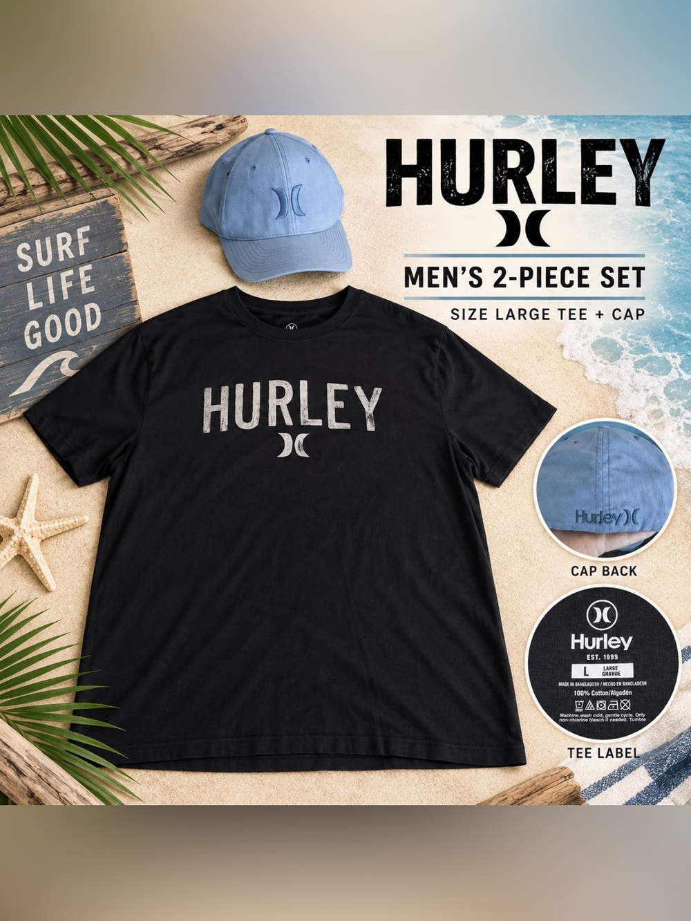 #0332 - Hurley Men’s Black Graphic T-Shirt Size Large & Blue Cap Set